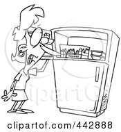 Cartoon Black And White Outline Design Of A Woman Standing By A Freezer During A Hot Flash