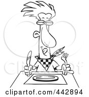 Royalty Free RF Clip Art Illustration Of A Cartoon Black And White Outline Design Of A Hungry Man Waiting For His Dinner by toonaday