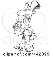 Royalty Free RF Clip Art Illustration Of A Cartoon Black And White Outline Design Of A Black Man Pouring Hot Coffee On His Feet