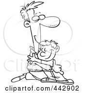 Poster, Art Print Of Cartoon Black And White Outline Design Of A Father Kneeling To Hug His Son