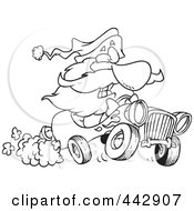 Cartoon Black And White Outline Design Of Santa Driving A Hot Rod