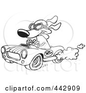 Poster, Art Print Of Cartoon Black And White Outline Design Of A Dog Racing A Hot Rod