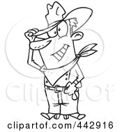 Poster, Art Print Of Cartoon Black And White Outline Design Of A Friendly Cowboy Tipping His Hat