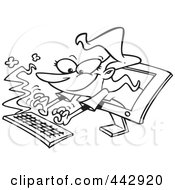Poster, Art Print Of Cartoon Black And White Outline Design Of A Woman Typing From A Computer Screen