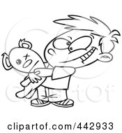 Royalty Free RF Clip Art Illustration Of A Cartoon Black And White Outline Design Of A Boy Hugging His Mangled Teddy Bear