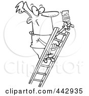 Royalty Free RF Clip Art Illustration Of A Cartoon Black And White Outline Design Of A Painter Climbing A Ladder
