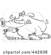 Royalty Free RF Clip Art Illustration Of A Cartoon Black And White Outline Design Of An Elephant Turning A Hose On