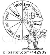 Cartoon Black And White Outline Design Of A Game Show Host With A Wheel