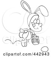 Poster, Art Print Of Cartoon Black And White Outline Design Of A Boy Hopping In An Easter Bunny Costume