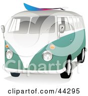 Clipart Illustration Of A 3d Green And White VW Van With A Surf Board On The Roof by toonster #COLLC44295-0117