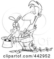 Poster, Art Print Of Cartoon Black And White Outline Design Of A Magician With A Rabbit In A Hat