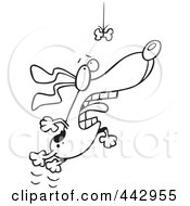 Poster, Art Print Of Cartoon Black And White Outline Design Of A Motivated Dog Leaping For A Suspended Bone