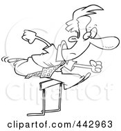 Poster, Art Print Of Cartoon Black And White Outline Design Of A Businessman Leaping Over A Hurdle