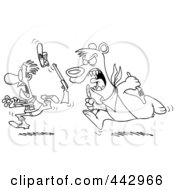 Royalty Free RF Clip Art Illustration Of A Cartoon Black And White Outline Design Of A Hungry Bear Chasing A Hunter by toonaday