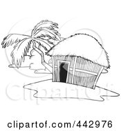 Poster, Art Print Of Cartoon Black And White Outline Design Of A Tropical Hut On An Island