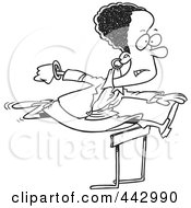 Royalty Free RF Clip Art Illustration Of A Cartoon Black And White Outline Design Of A Black Businesswoman Leaping Over A Hurdle by toonaday