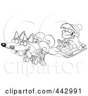 Royalty Free RF Clip Art Illustration Of A Cartoon Black And White Outline Design Of Huskies Pulling A Boy On A Sled