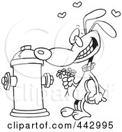 Royalty Free RF Clip Art Illustration Of A Cartoon Black And White Outline Design Of A Dog Trying To Court A Fire Hydrant