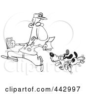 Royalty Free RF Clip Art Illustration Of A Cartoon Black And White Outline Design Of A Dog Chasing The Meter Man