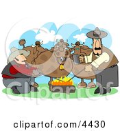 Male Ranchers Heating Branding Irons In A Campfire Beside Their Cattle Clipart