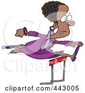 Cartoon Black Businesswoman Leaping Over A Hurdle