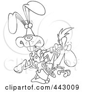 Royalty Free RF Clip Art Illustration Of A Cartoon Black And White Outline Design Of A Magician Rabbit Pulling A Man Out Of A Hat