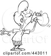 Poster, Art Print Of Cartoon Black And White Outline Design Of A Businesswoman Hyperventilating Into A Bag