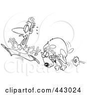 Royalty Free RF Clip Art Illustration Of A Cartoon Black And White Outline Design Of A Man Running From A Mad Dog by toonaday