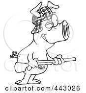 Royalty Free RF Clip Art Illustration Of A Cartoon Black And White Outline Design Of A Hunter Pig by toonaday