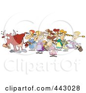 Cartoon Cow With Eight Milking Maids
