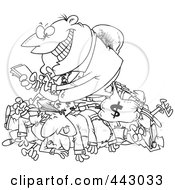 Poster, Art Print Of Cartoon Black And White Outline Design Of A Greedy Manager Counting His Money And Sitting On His Employees