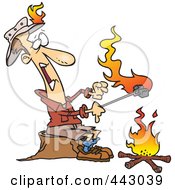 Cartoon Man Roasting Marshmallows And Catching His Hat On Fire