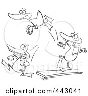 Poster, Art Print Of Cartoon Black And White Outline Design Of Mallard Ducks Jumping Off Of A Diving Board
