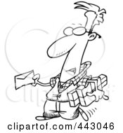 Poster, Art Print Of Cartoon Black And White Outline Design Of A Man Mailing A Letter And Parcels