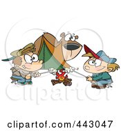 Poster, Art Print Of Cartoon Bear Watching Camping Boys Roast Marshmallows
