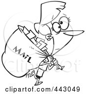 Poster, Art Print Of Cartoon Black And White Outline Design Of A Mail Woman Carrying A Big Bag