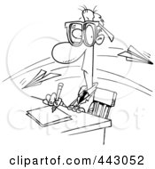 Cartoon Black And White Outline Design Of Paper Planes Flying Past A Working Businessman