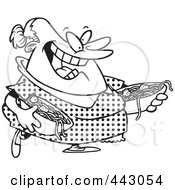 Poster, Art Print Of Cartoon Black And White Outline Design Of A Happy Woman Serving Spaghetti And Meatballs
