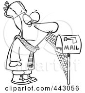 Royalty Free RF Clip Art Illustration Of A Cartoon Black And White Outline Design Of A Man Waiting By Mailbox With Cobwebs