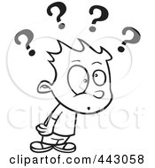 Royalty Free RF Clip Art Illustration Of A Cartoon Black And White Outline Design Of A Confused Boy With Many Questions