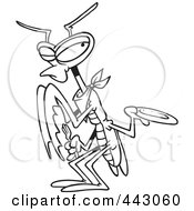 Poster, Art Print Of Cartoon Black And White Outline Design Of A Hungry Praying Mantis Holding Out A Plate