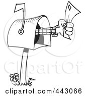 Poster, Art Print Of Cartoon Black And White Outline Design Of A Hand Holding A Letter Out Of A Mailbox