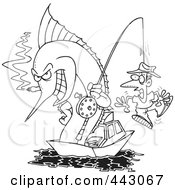 Poster, Art Print Of Cartoon Black And White Outline Design Of A Fishing Marlin With A Man On A Hook