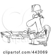 Poster, Art Print Of Cartoon Black And White Outline Design Of An Engineer Reading A Manual By Blue Prints