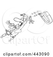 Royalty Free RF Clip Art Illustration Of A Cartoon Black And White Outline Design Of A Businessman Being Drawn In By A Magnetic Horseshoe by toonaday