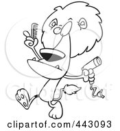 Poster, Art Print Of Cartoon Black And White Outline Design Of A Male Lion Using A Comb And Blow Dryer On His Mane