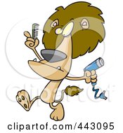 Cartoon Male Lion Using A Comb And Blow Dryer On His Mane