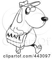 Poster, Art Print Of Cartoon Black And White Outline Design Of A Dog Postal Worker Carrying A Mail Bag