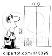 Poster, Art Print Of Cartoon Black And White Outline Design Of A Businessman Waiting For An Elevator