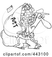 Poster, Art Print Of Cartoon Black And White Outline Design Of A Tired Mail Man Carrying A Big Bag